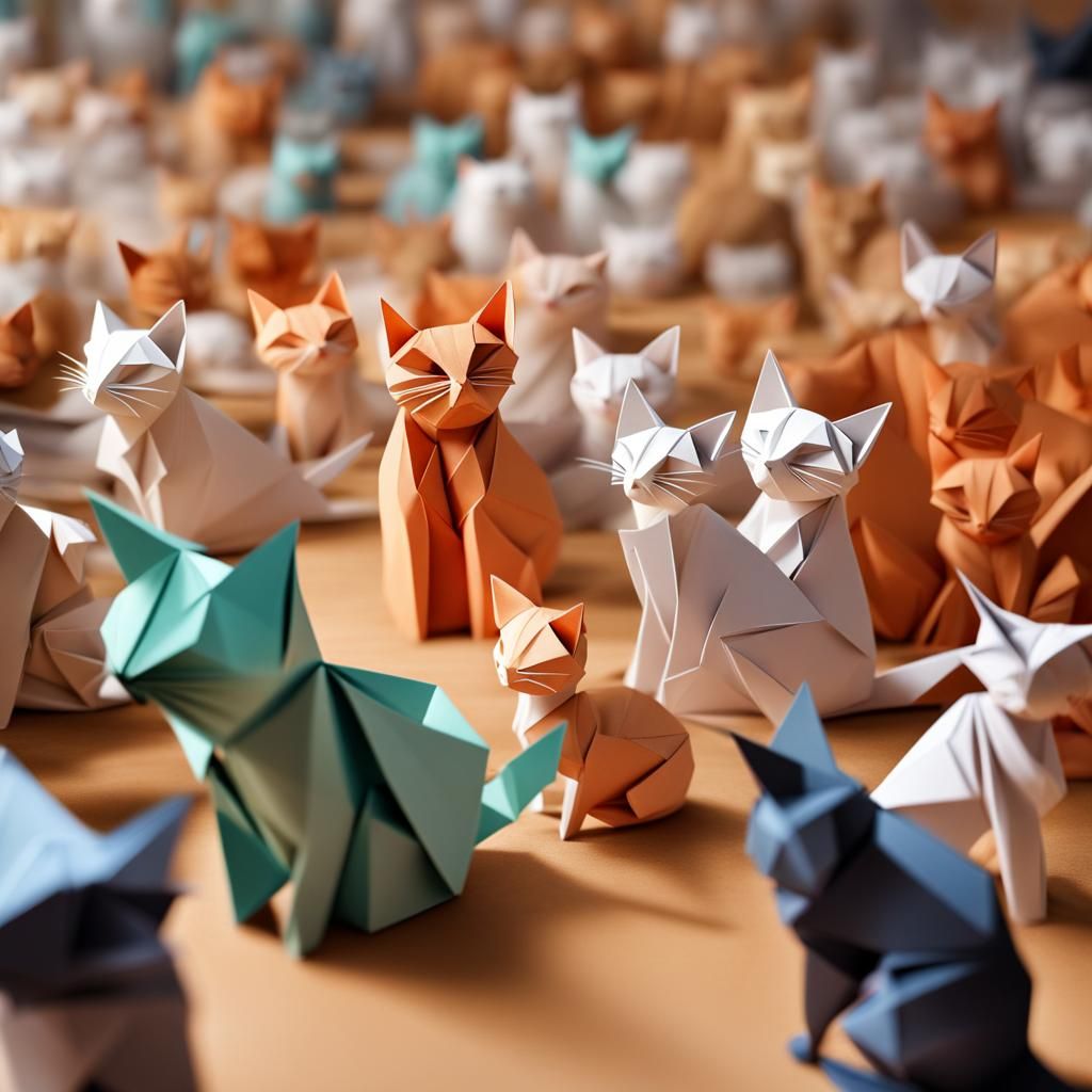 Origami Cats in Forest Papercraft Style
