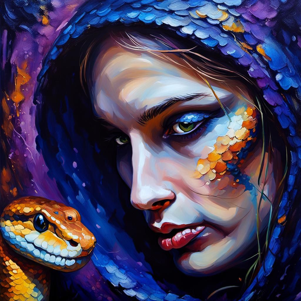 Eerie Impressionist Portrait: Woman Kissing Snake