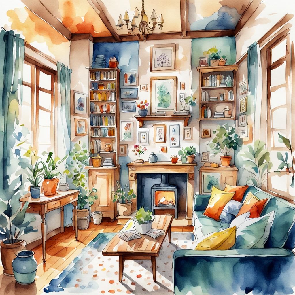 Cozy Interior in Watercolor Sketch Style