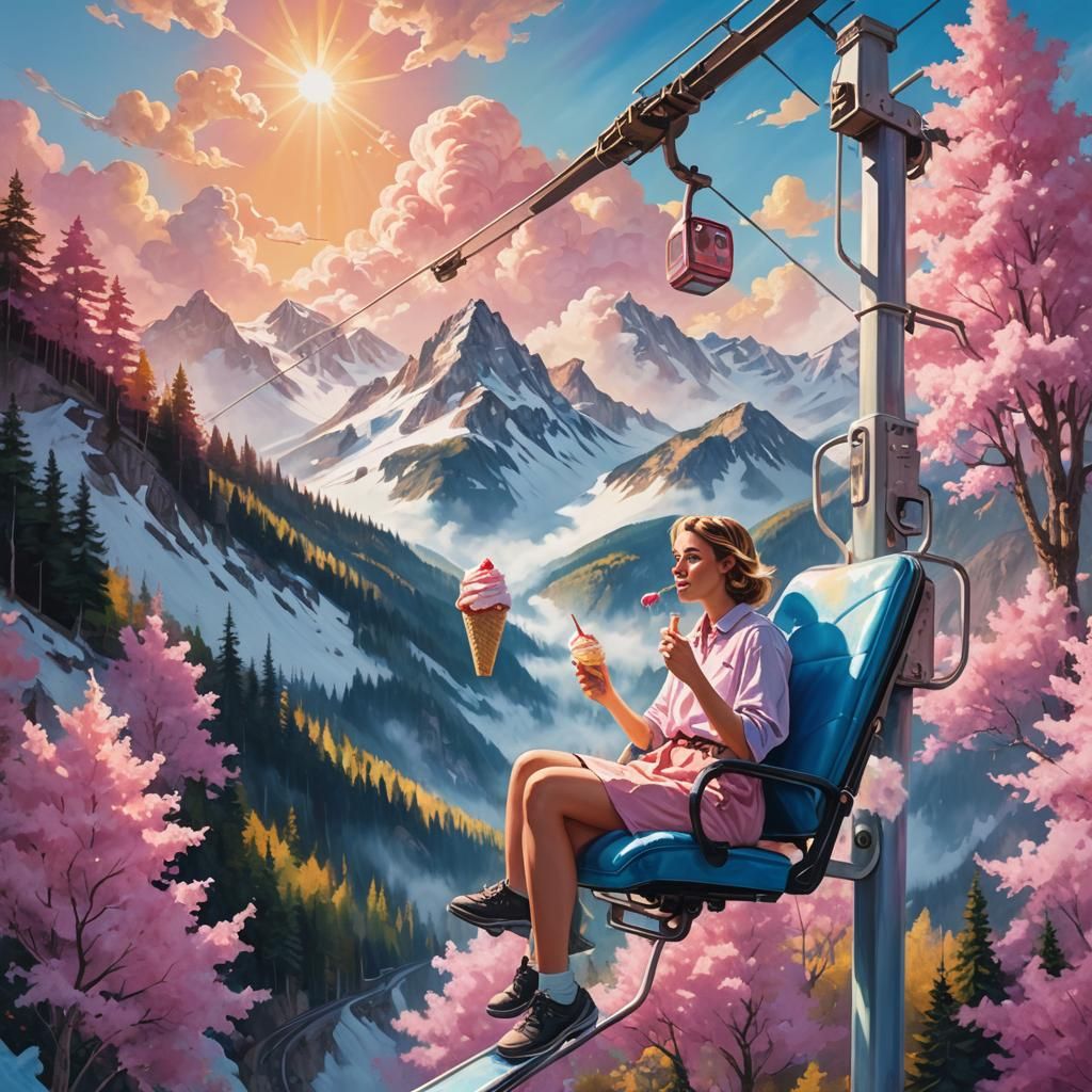 Woman Eats Ice Cream on Mountain Chairlift in Surreal Oil Pa...