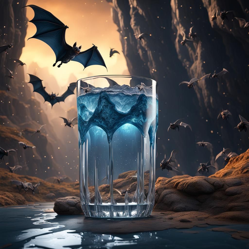 Cave and Bats Emerging from Glass of Water