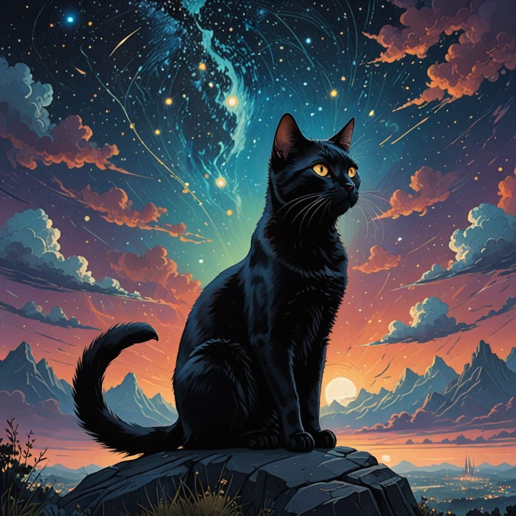 Sleek Black Cat Stands Ready Under Starry Night Sky in Whims...