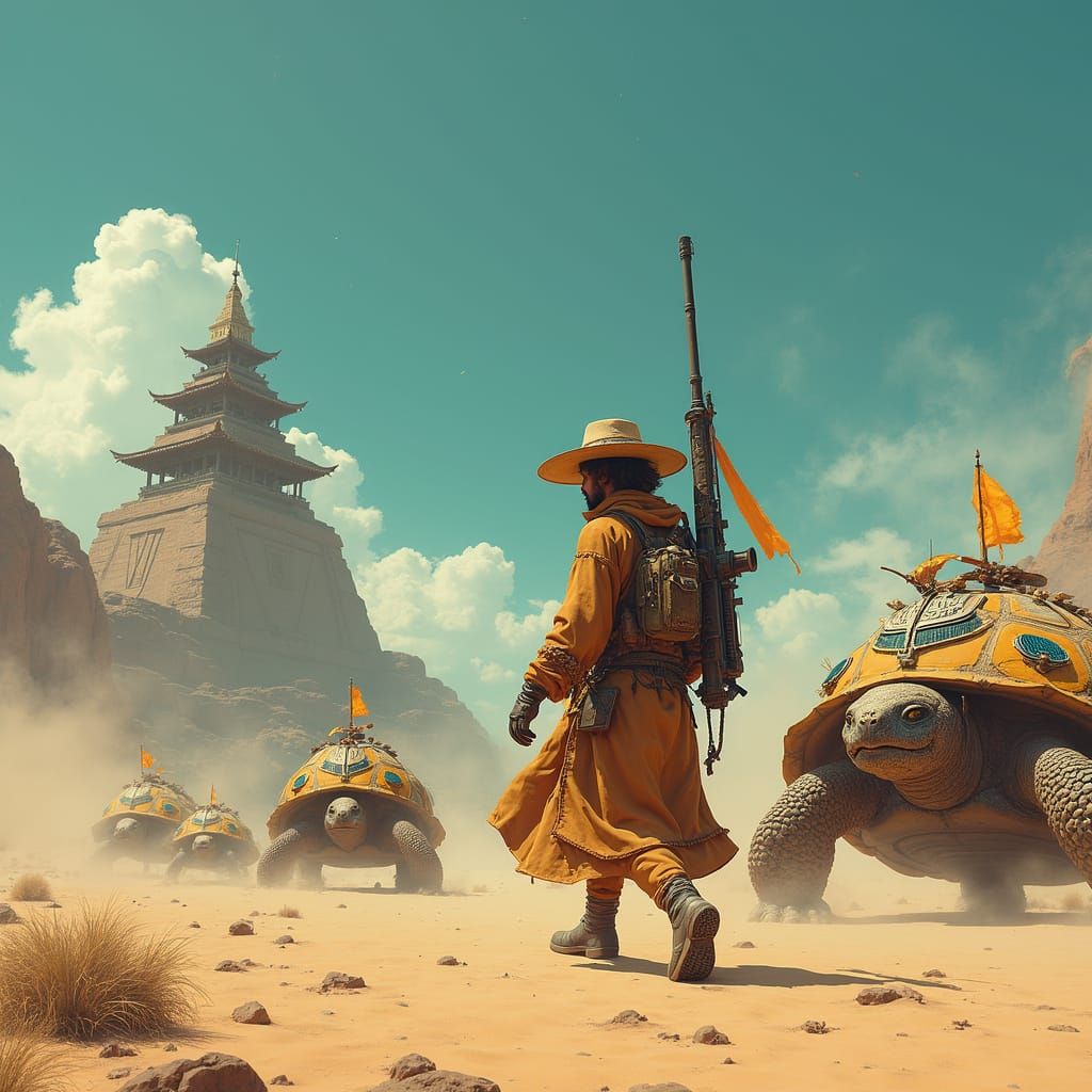Mystical Desert Wanderer Embarks on Futuristic Quest