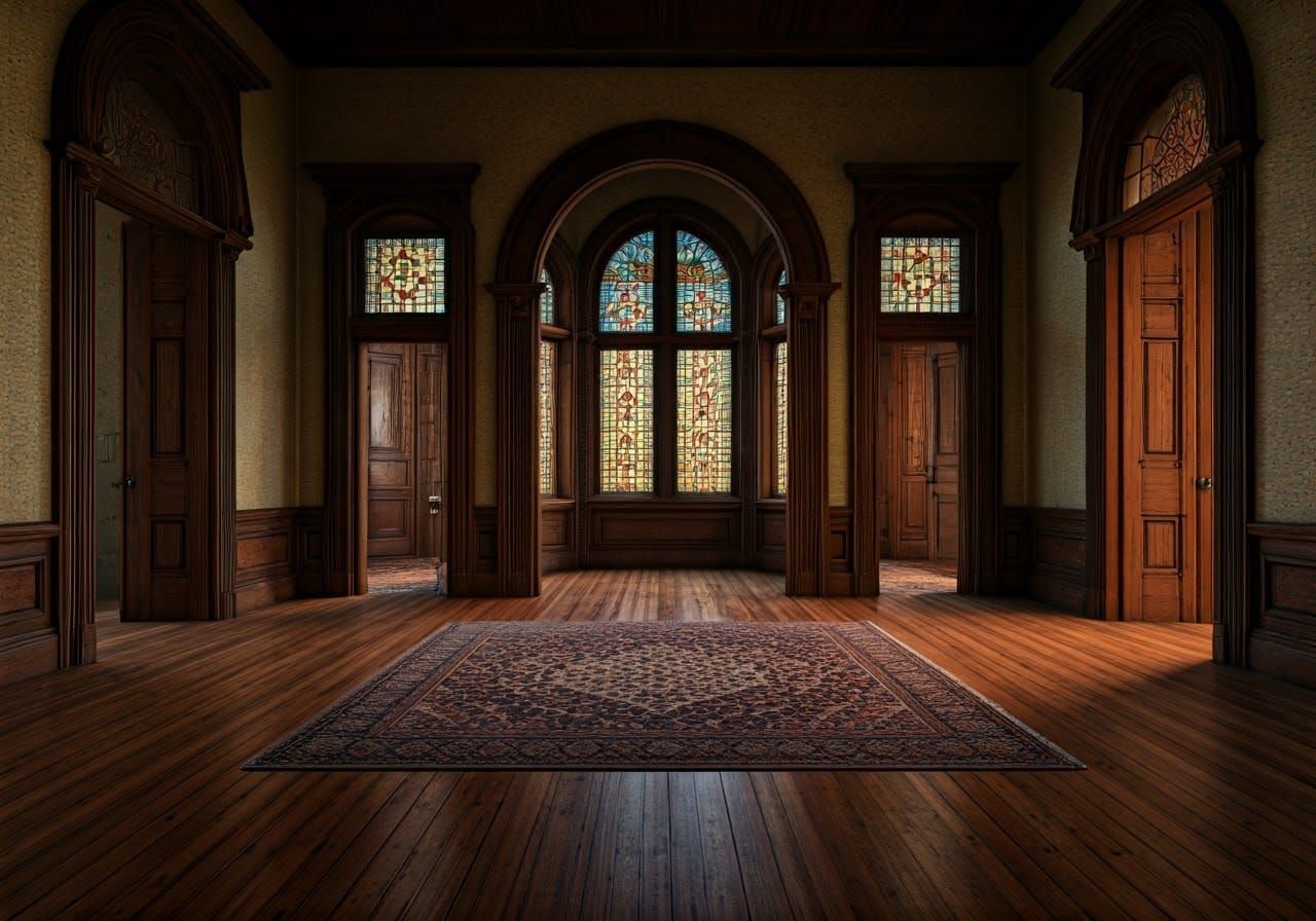 Victorian Inglenook with Stained Glass and Warm Light