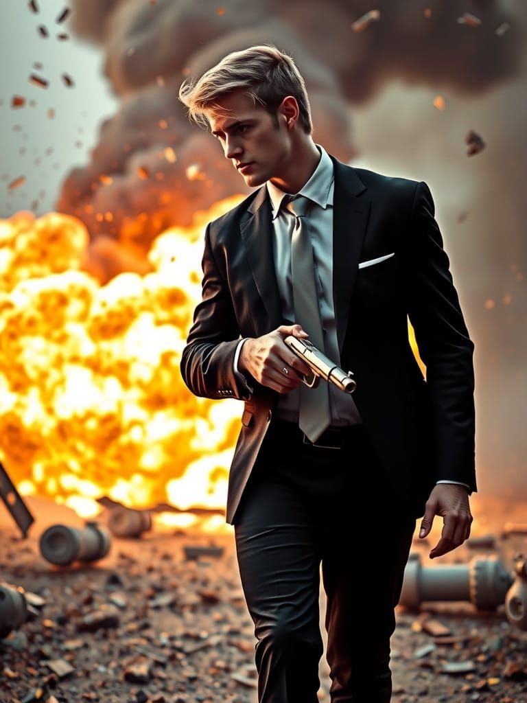 Thrilling Action Hero in a Fiery Explosion