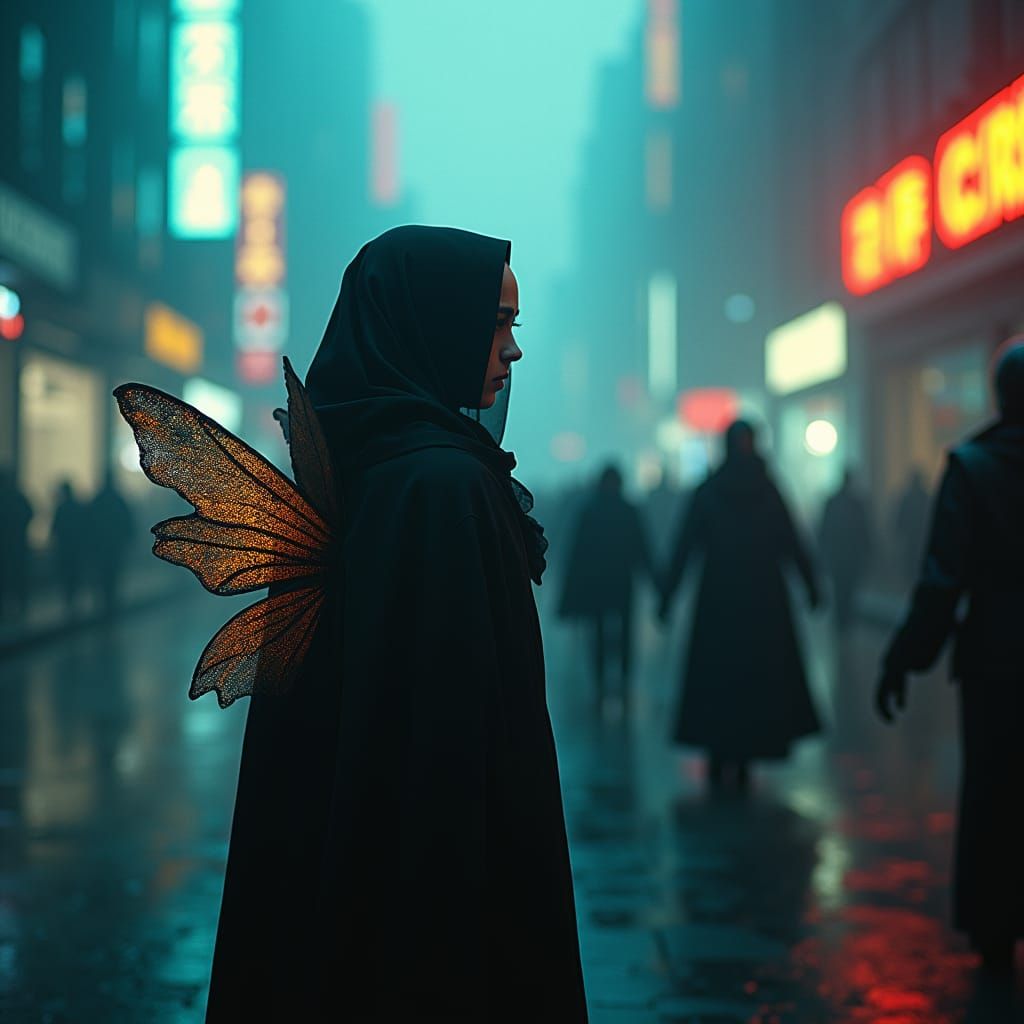 Enchanting Fairy in Dystopian Cyberpunk Cityscape
