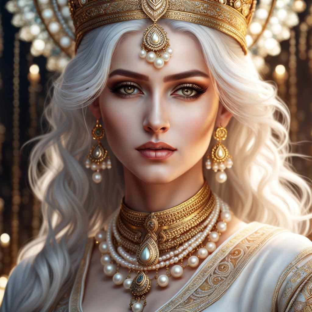 Elegant White Queen with Pearls: Fantasy Art