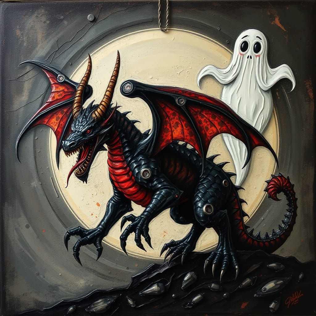 Encaustic Dragon Chasing Casper in Acrylic