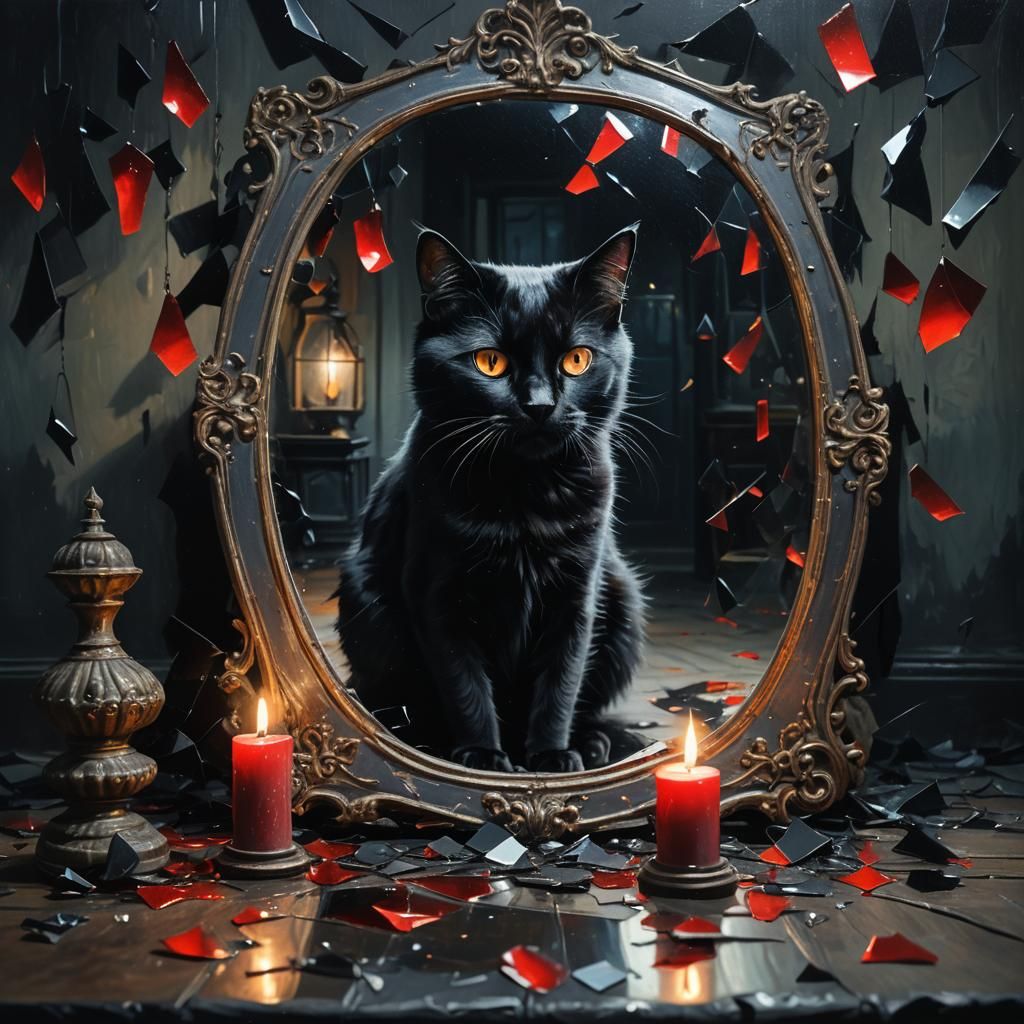 Black Cat Shattering Mirror in Surreal Oil Painting