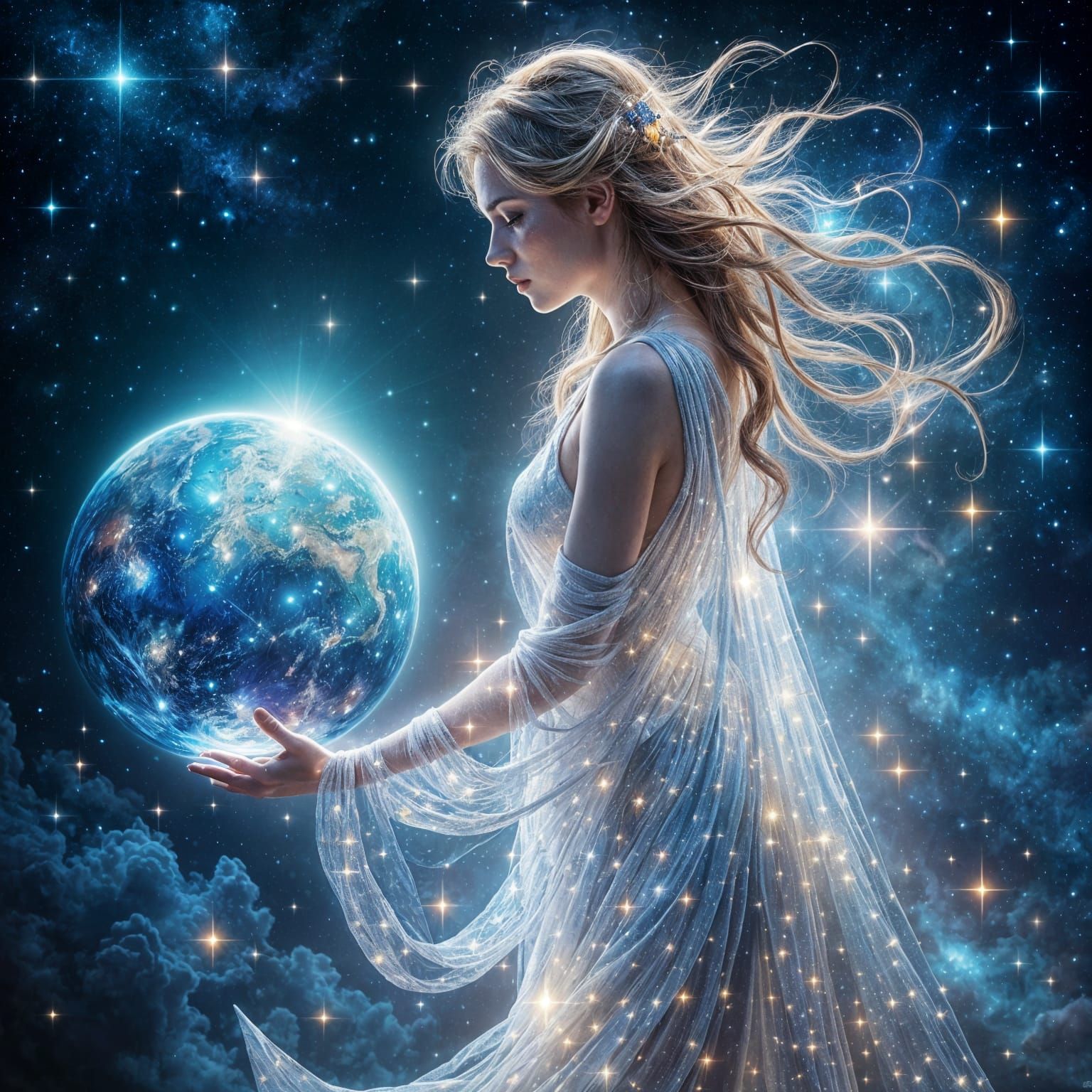 Goddess of Starry Sky Embracing Earth in Cosmic Harmony