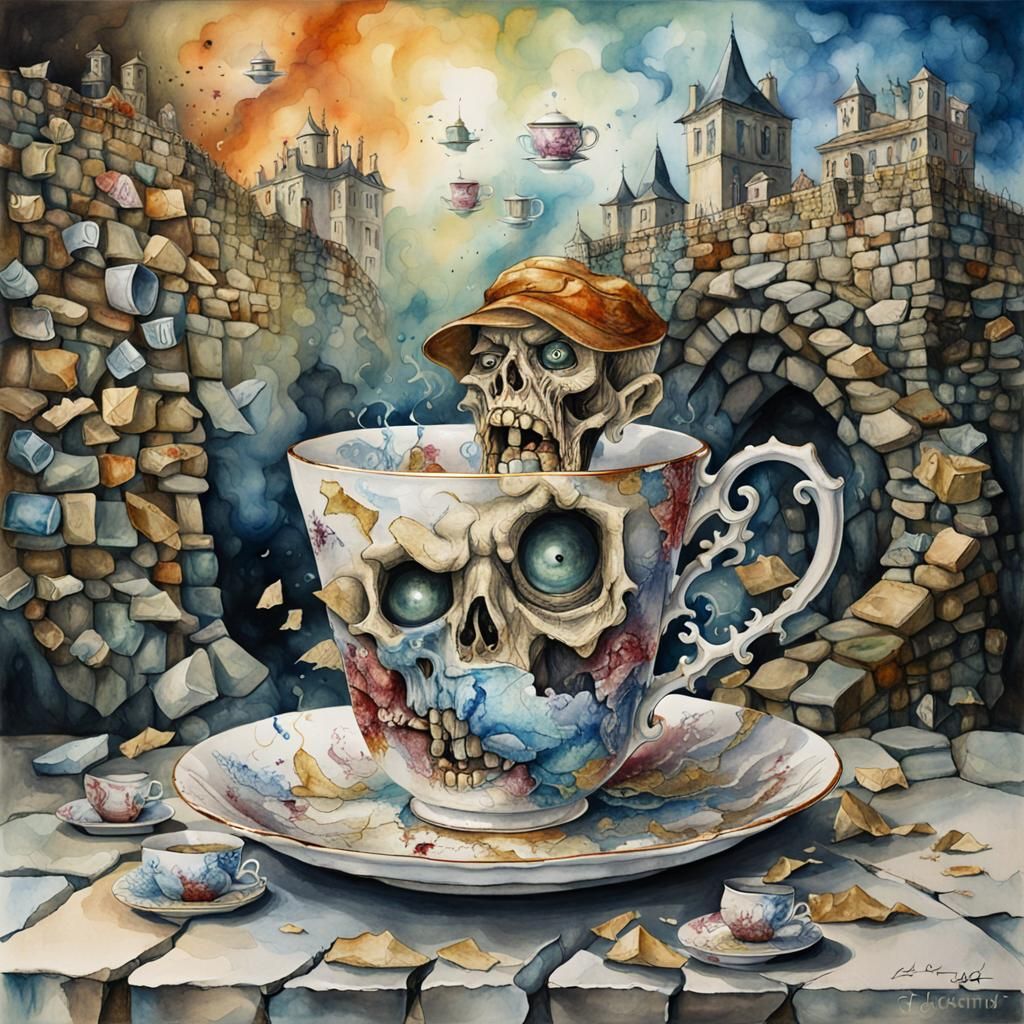 Zombie with Broken Teacup in Surrealist Style