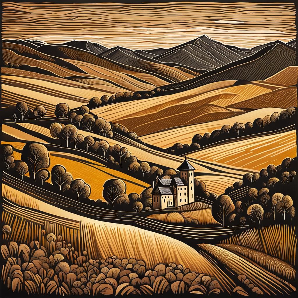 Alpine Schloss: Linocut Landscape in Earthy Tones