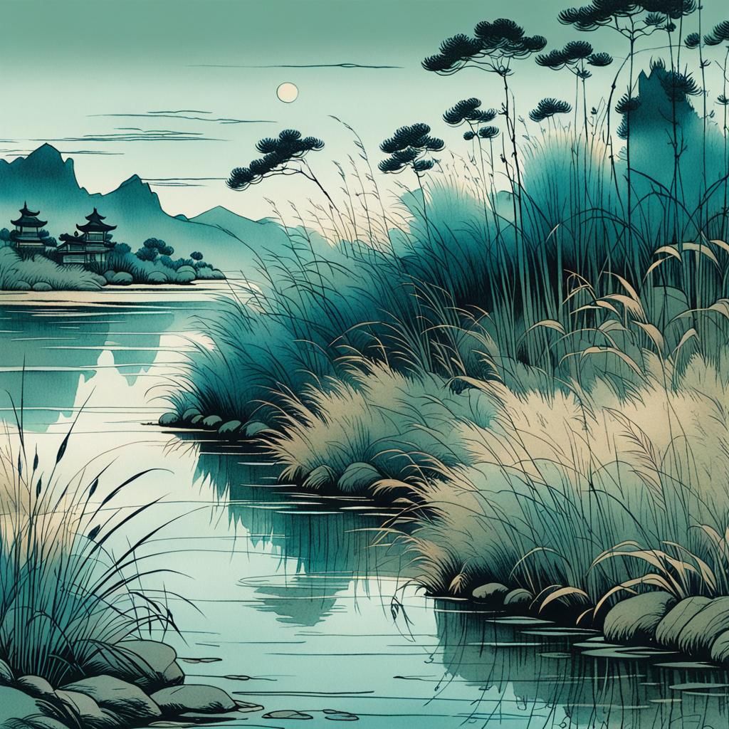 Chinese Landscape in Ukiyo-e Ink Drawing Style