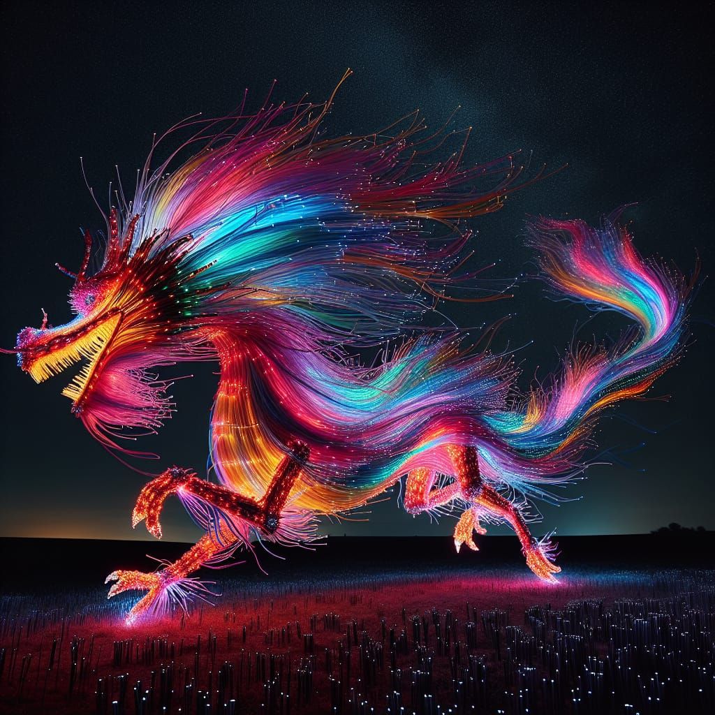 Fiber Optic Rainbow Dragon Runs Through Field