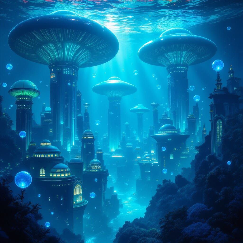 Bioluminescent Underwater City in Surreal Digital Painting S...