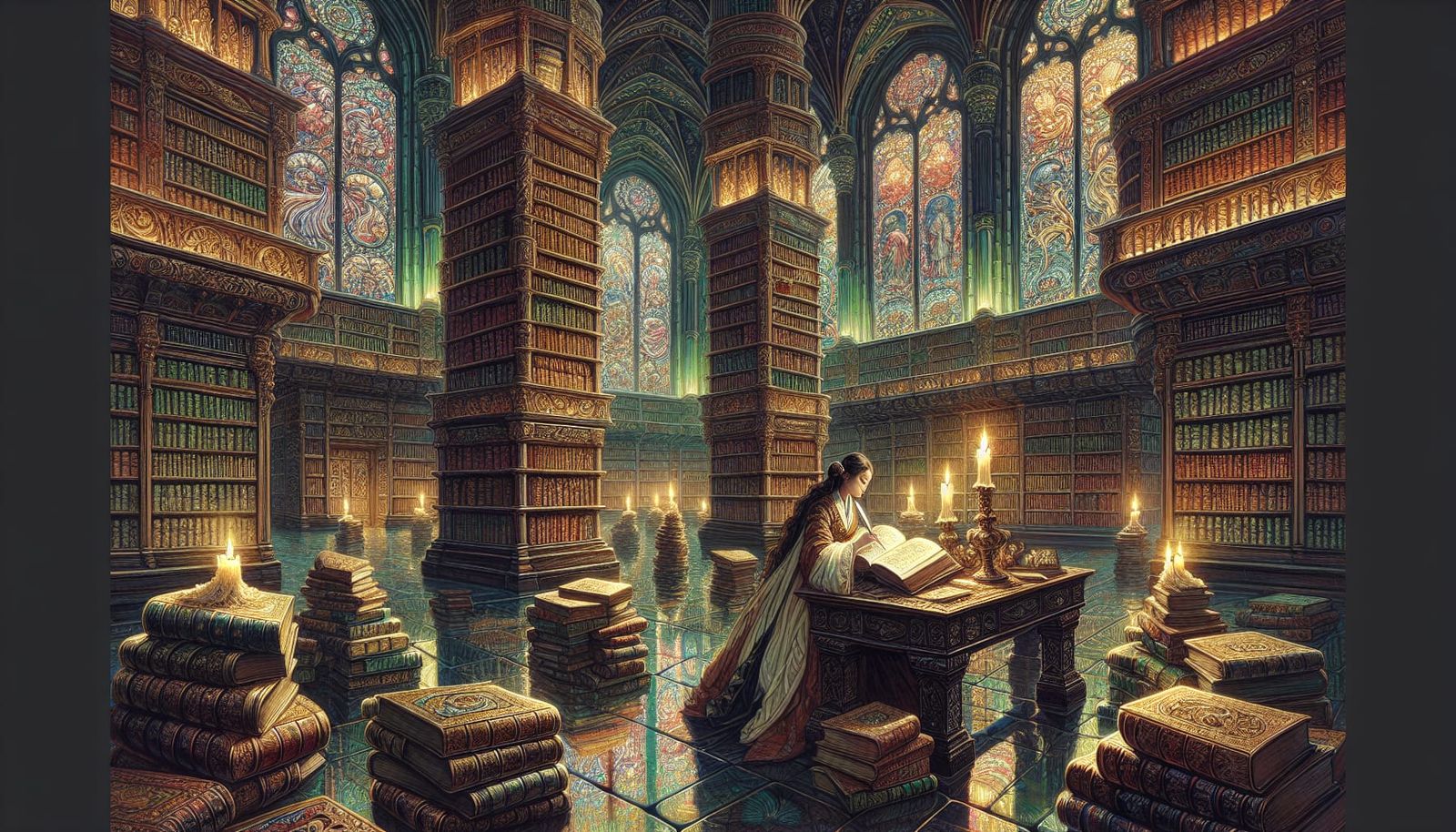 Gothic Library with Scholar, Art Nouveau Style