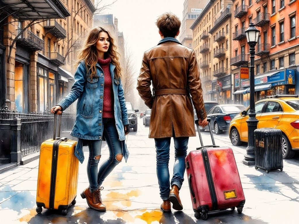 Fraternal Twins Departing Manhattan in a Vibrant Colored Ink...