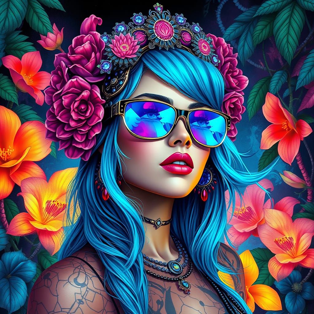 Cyberpunk Goddess in Neon Bloom Jungle