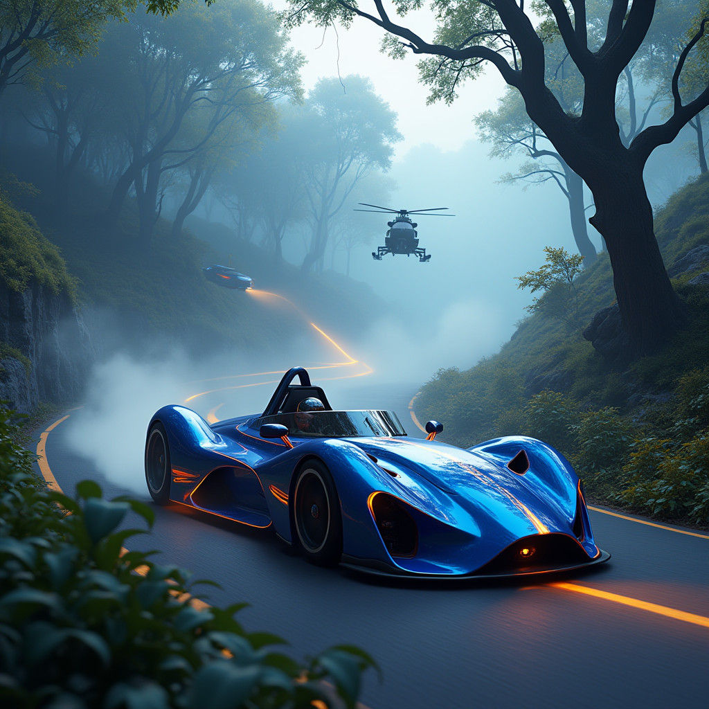 Futuristic Racecar Chase in Dystopian Landscape