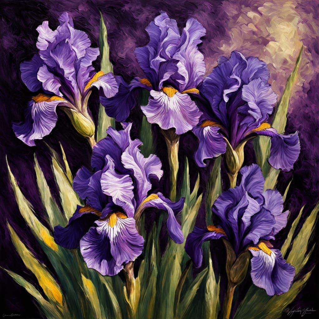 Purple Irises in the Wild Impasto Style