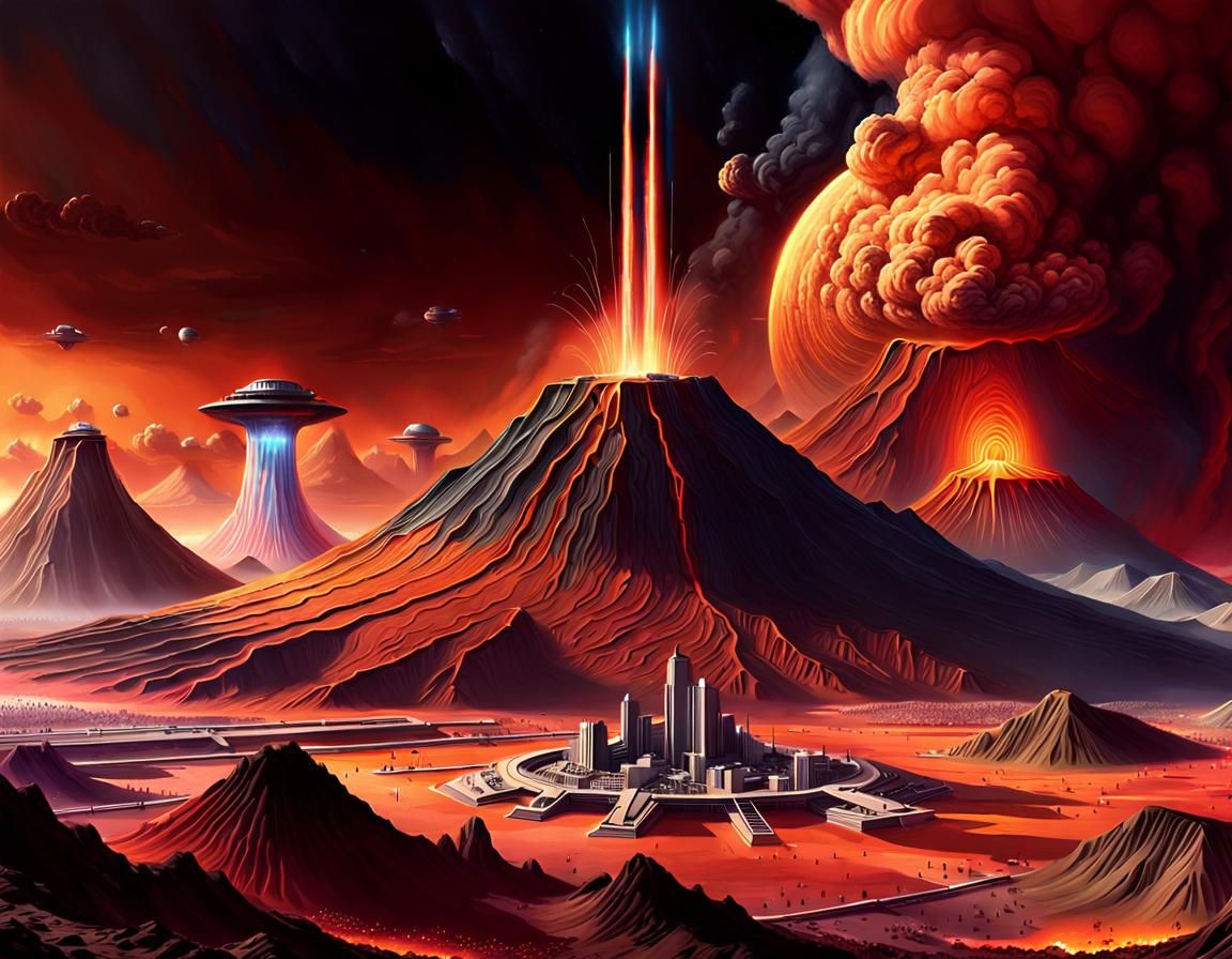 Olympus Mons Erupting Over Martian City: Sci-Fi Art