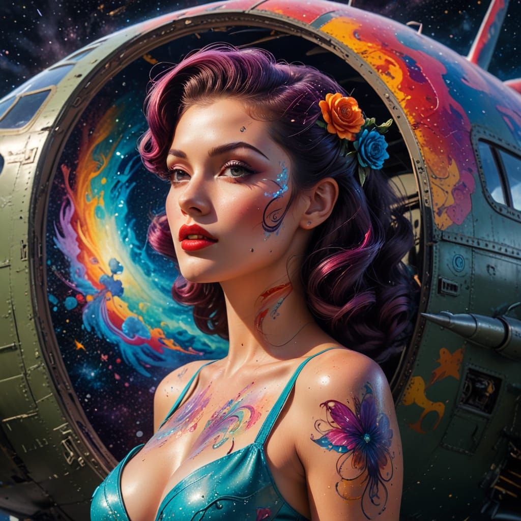 1940s Pin Up Girl on Bomber Plane with Cosmic Swirls