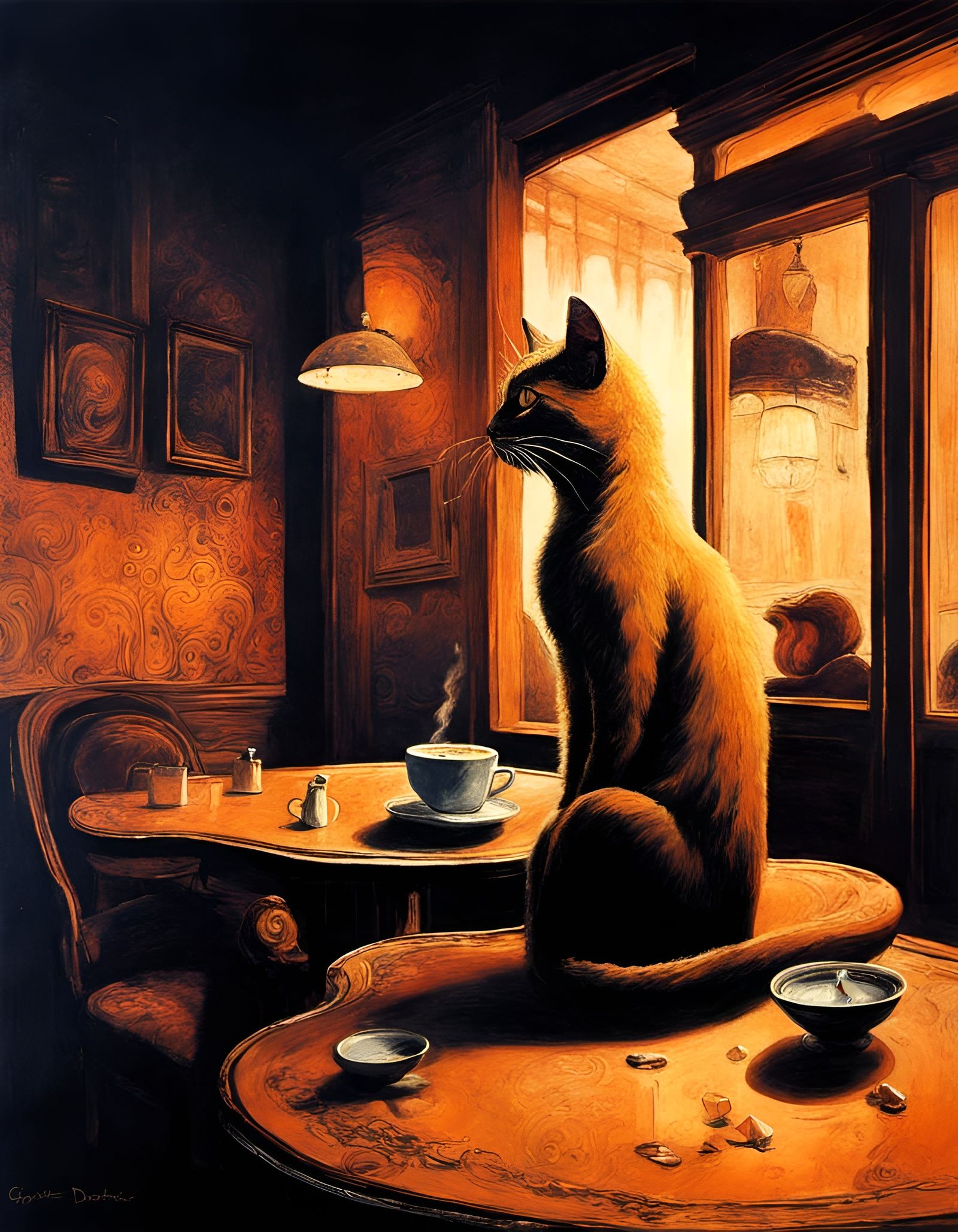 Night Cafe Cat, sipping a midnight coffee.