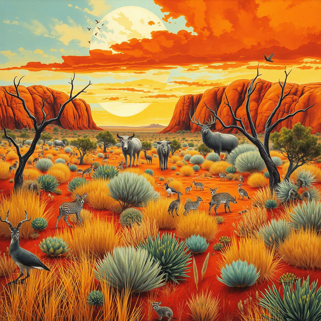 Australian Outback Wildlife in Gouache Painting Style