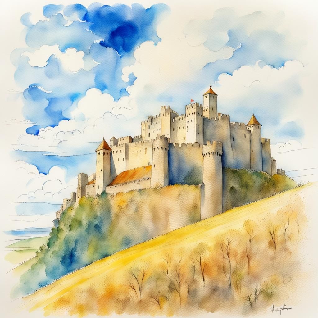 Spis Castle: Pen, Line, and Watercolor Drawing