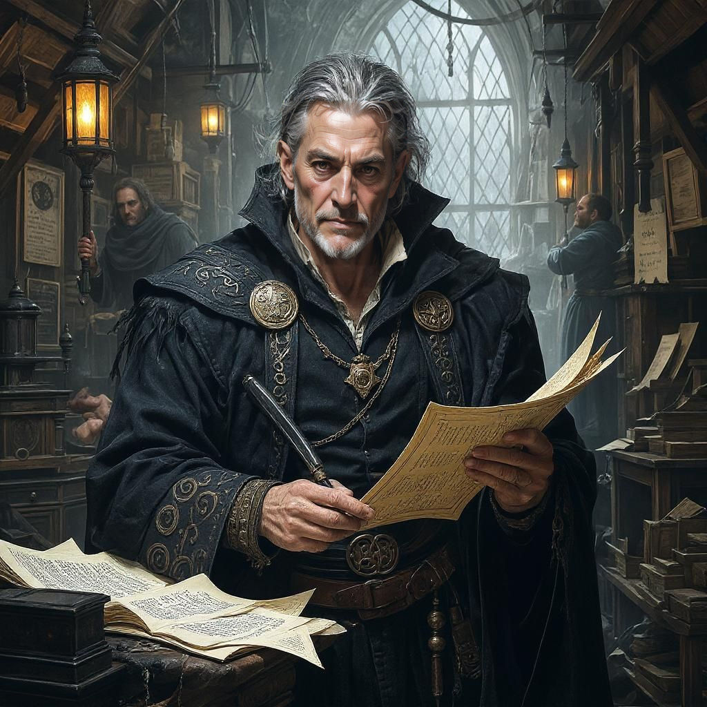 Cunning Newspaper Publisher in Gritty Dark Fantasy Style