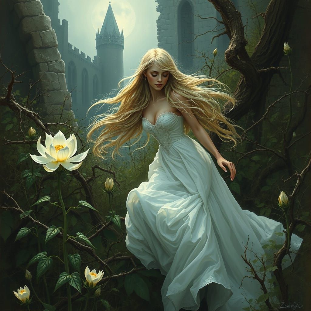 Princess Escapes Castle through Enchanted Garden in Ethereal...