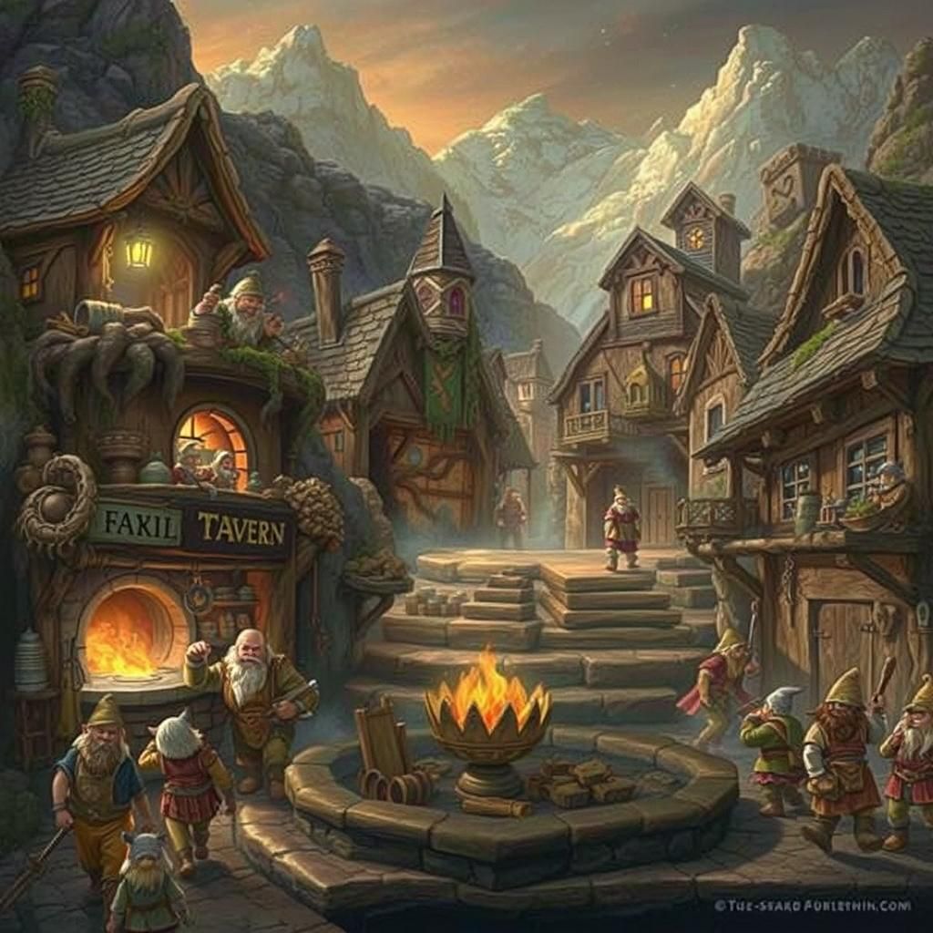 A thriving fantasy mining town at sunrise, nestled in snow-c...