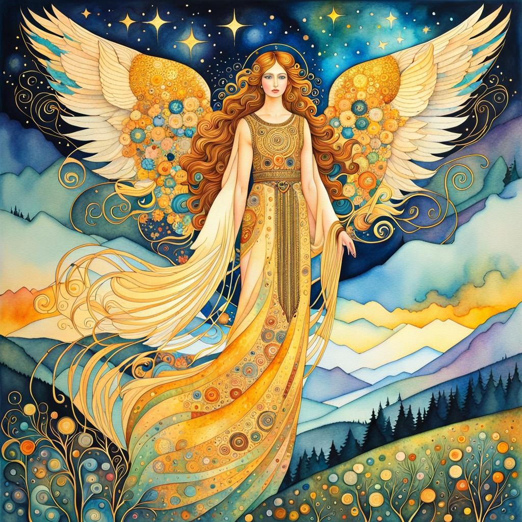 Magical Angel in Misty Valley: Klimt-Inspired Watercolor