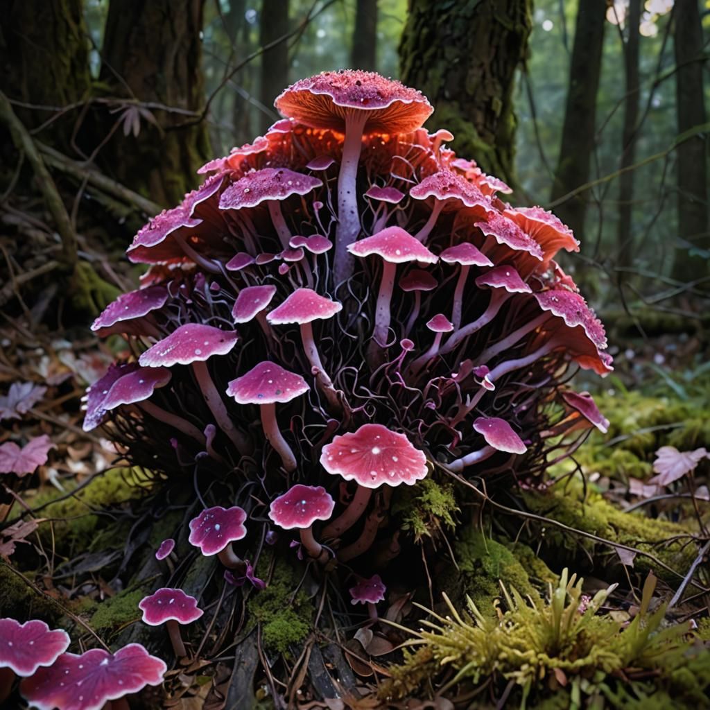 Hyperdetailed Glowing Fungus on Forest Floor