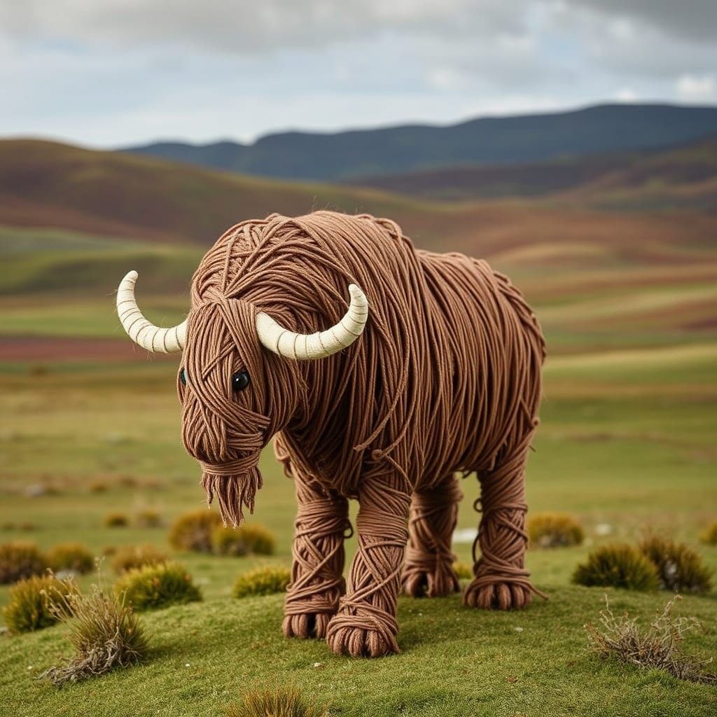 Whimsical String Muskox Sculpture on Tundra Landscape