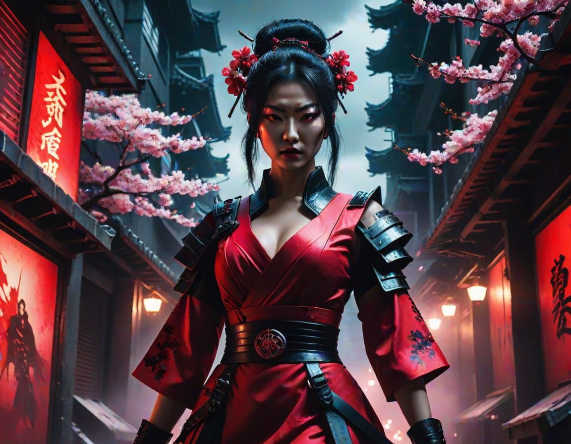 Cyberpunk Samurai Goddess Battles Demons in the Rain