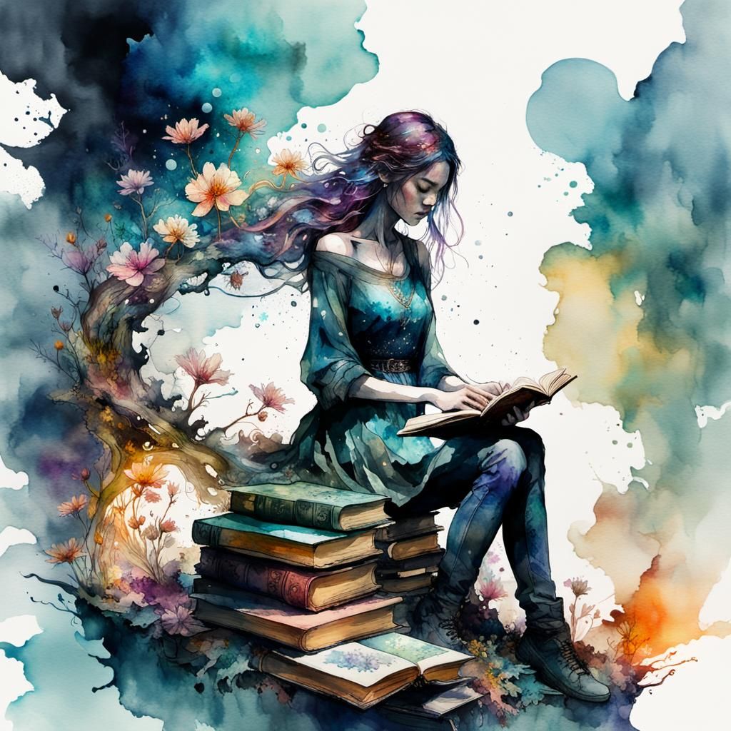 Fantasy Reader in Watercolor Double Exposure Art