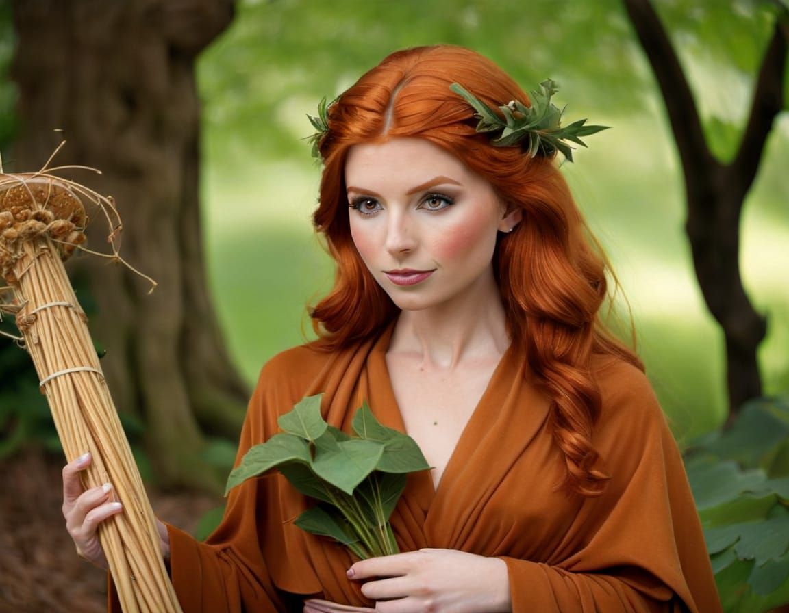 Redheaded Druid Woman Holds Cornucopia