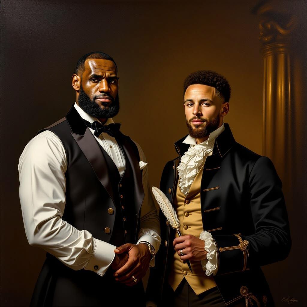 LeBron James as Lincoln, Steph Curry as Washington Oil Paint...