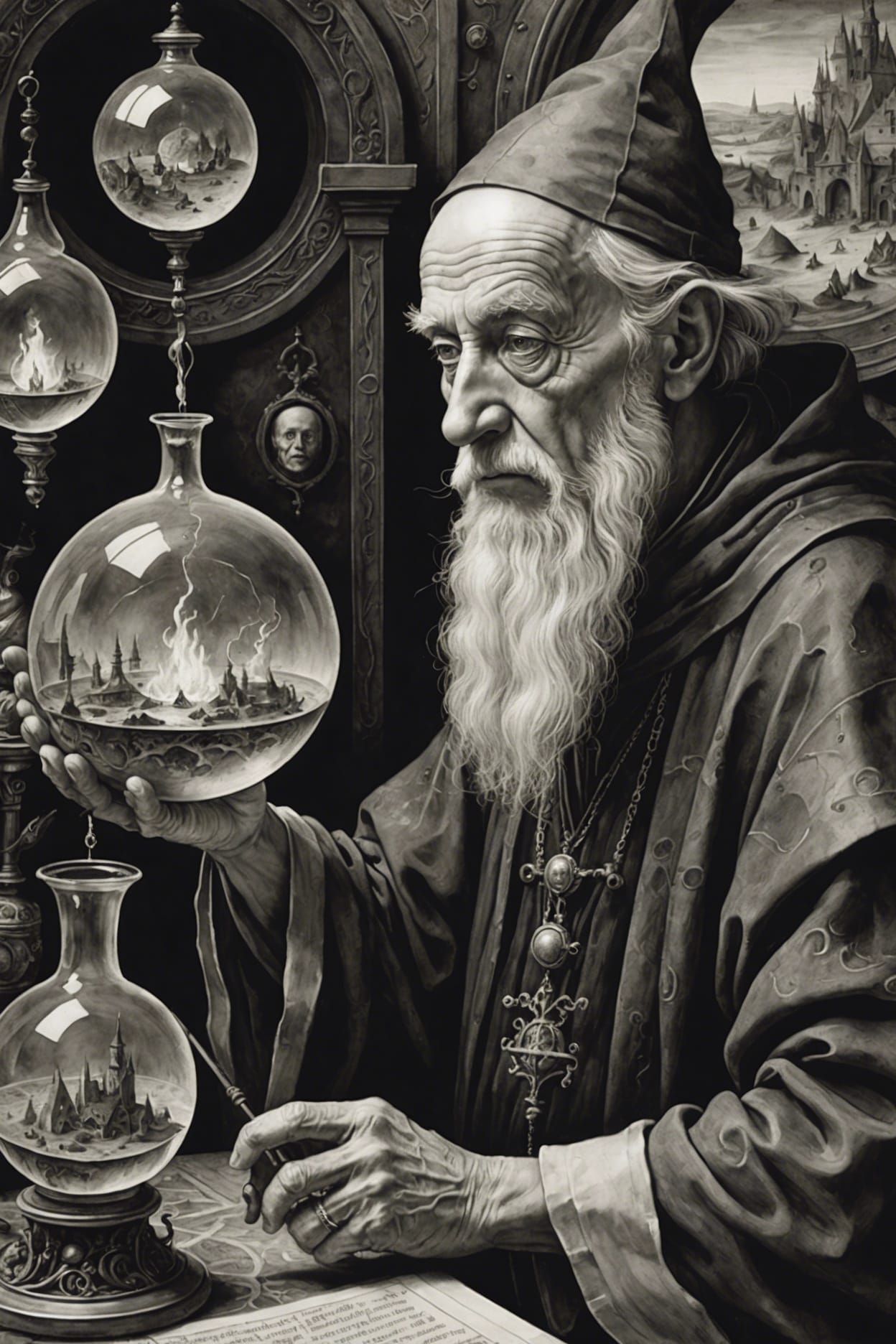 Elderly Mage Observes Alchemical Reaction in Grotesque Style