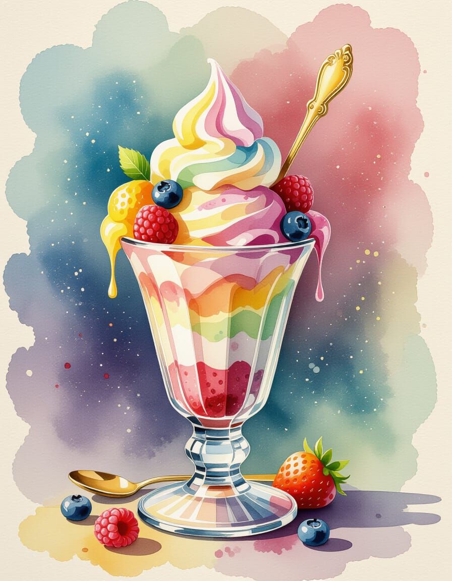 Rainbow Sherbet with Berries in Watercolor Style