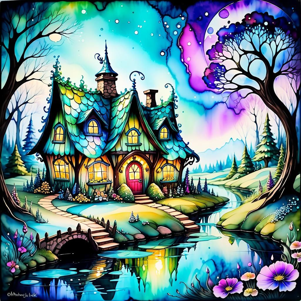 Otherworldly Alcohol Ink, whimsical fairyland cottage, beaut...