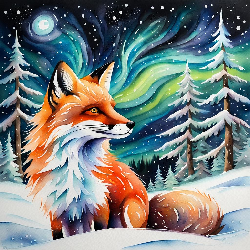 Fox with Holly in Winter Aurora: Watercolour