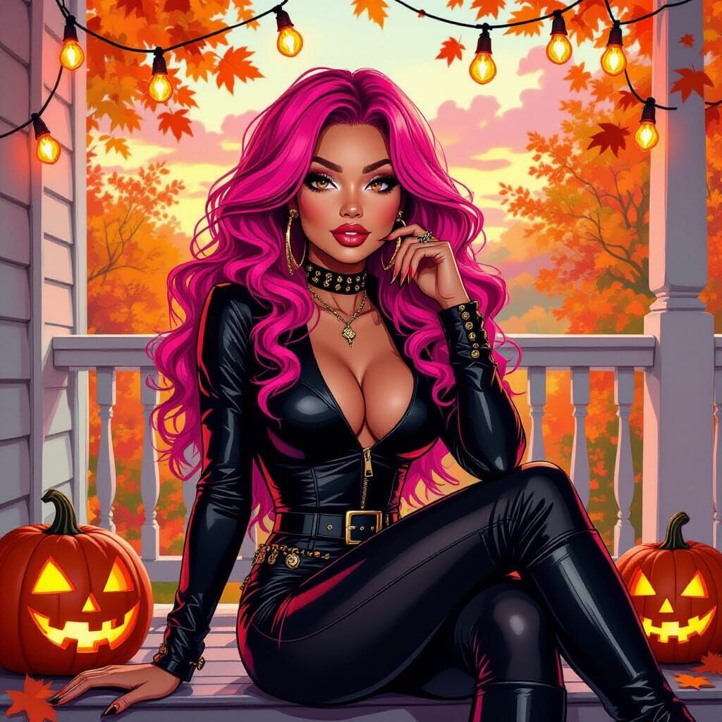 Sassy Lady on Halloween Porch: Comic Book Art