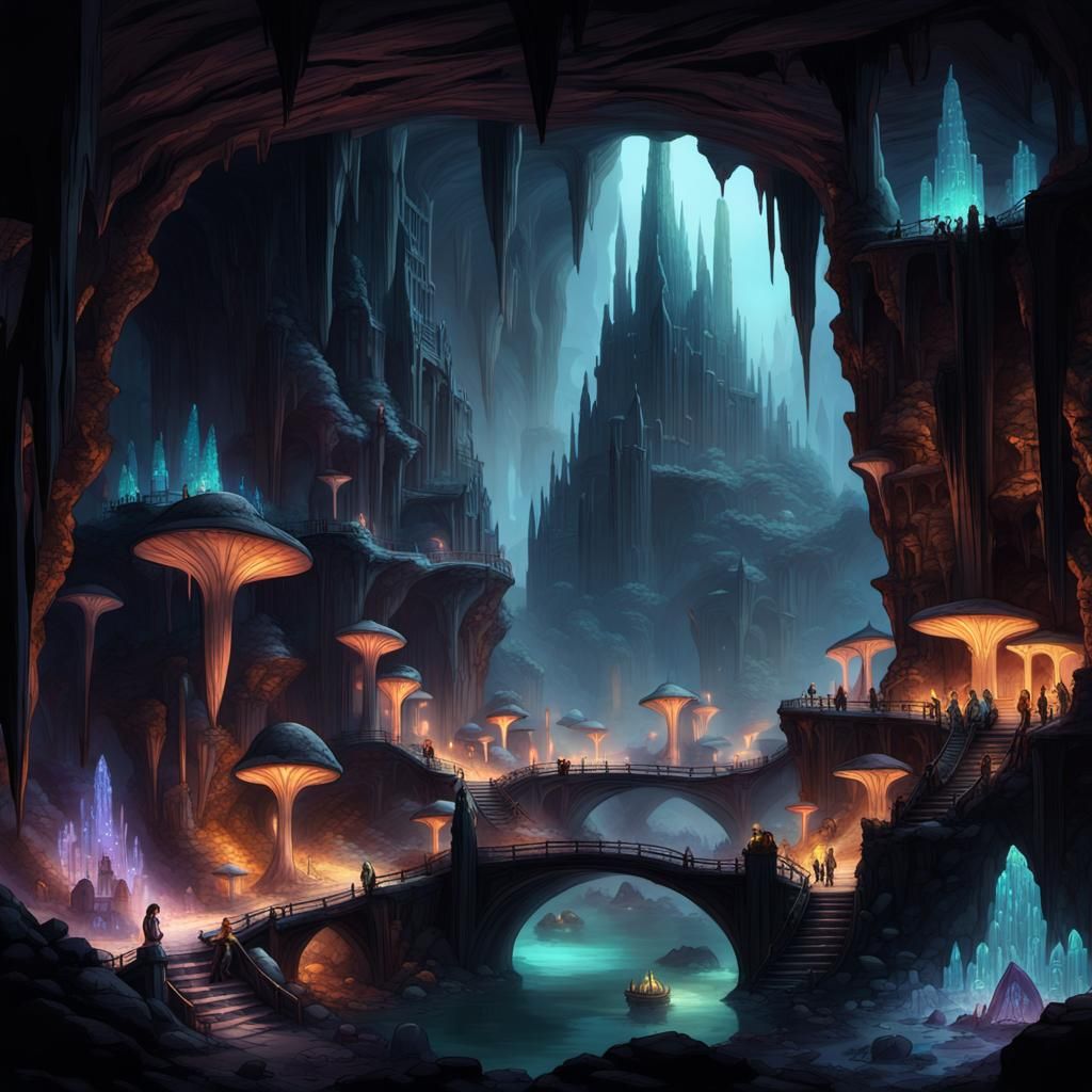 Underground City Lit by Glowing Crystals