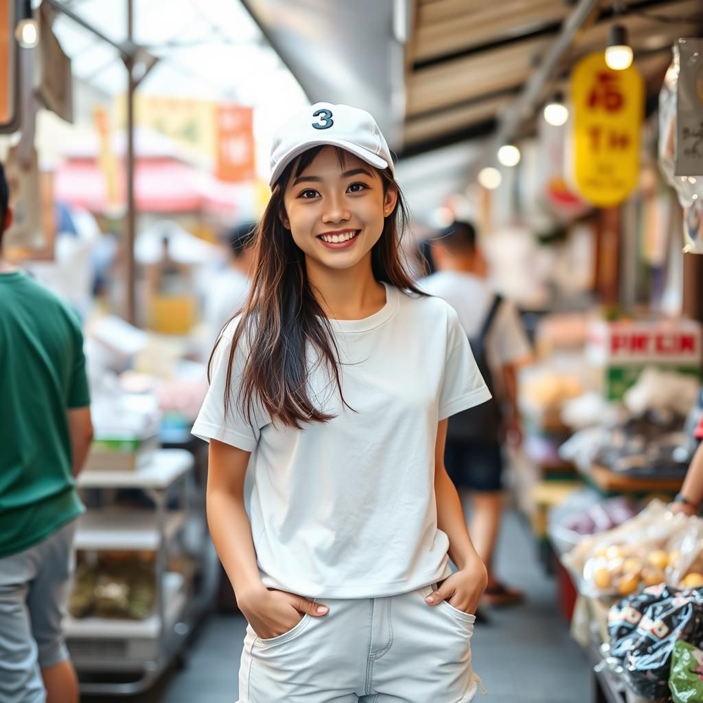 Young Woman Smiling in Japanese Market