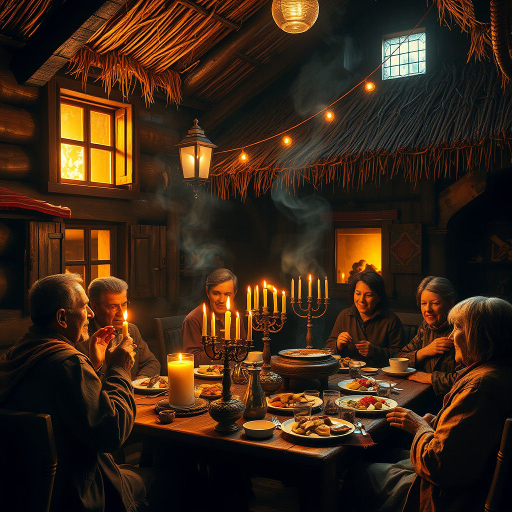 Warm Family Gathering in Rustic Jewish Home
