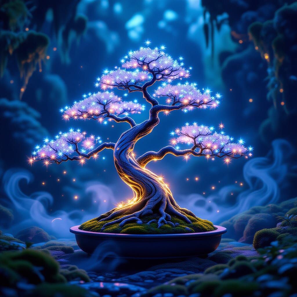 Bioluminescent Bonsai Tree with Glowing Crystals