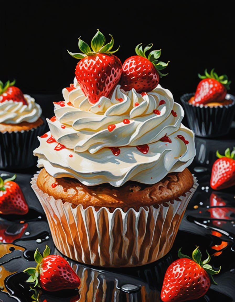 Strawberry Cupcake in Gouache and Watercolor Style