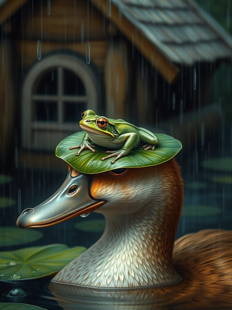 Surreal Frog and Duck in Summer Rain